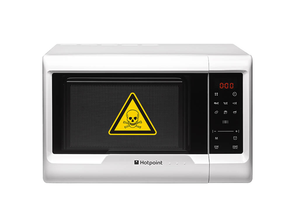Microwave with a warning sign on top
