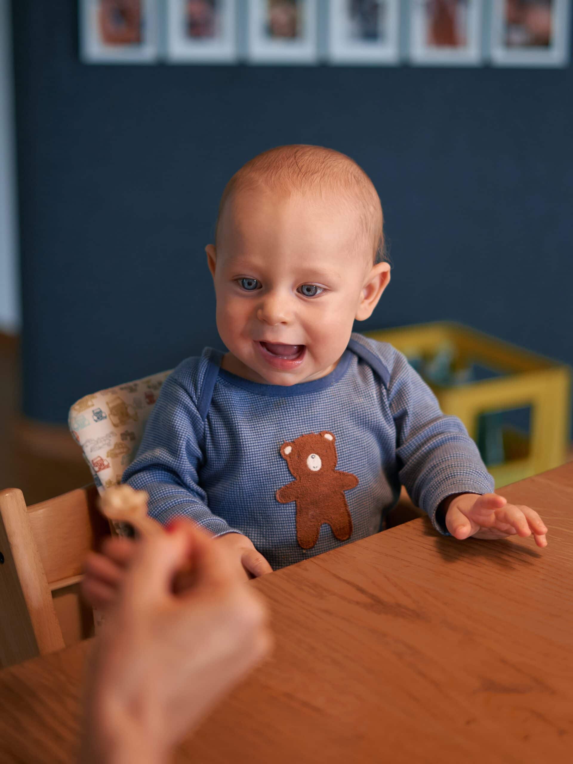 sitting baby looking and smiling at food