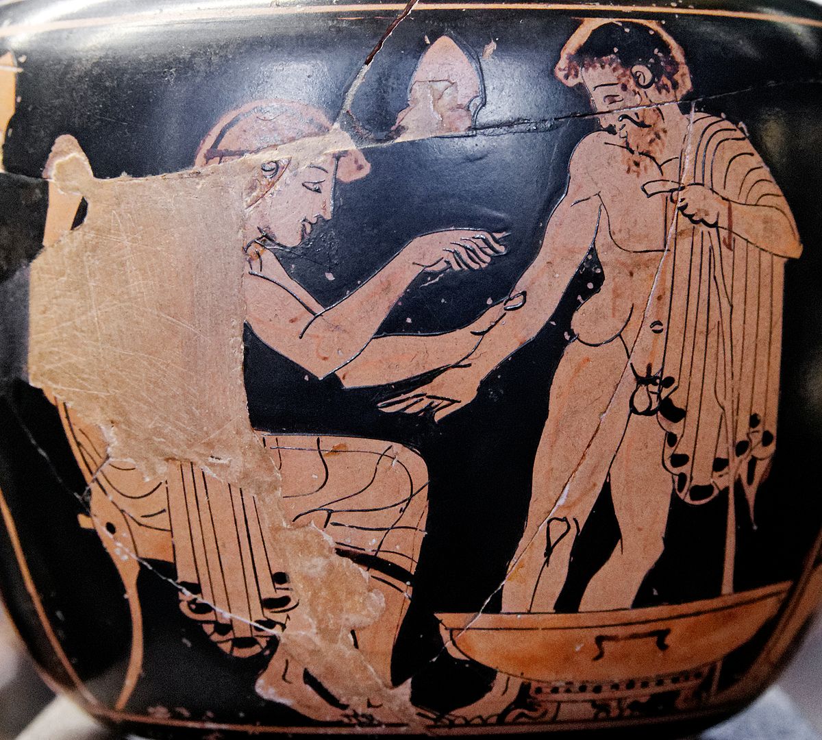 Illustrator of a doctor working on a patient over a Greek vase